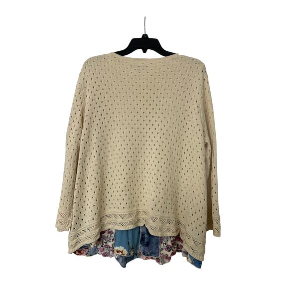John Mark Beige Open Knit Floral Layered Ruffle Hem Sweater XL Boho Cottagecore - Picture 2 of 11